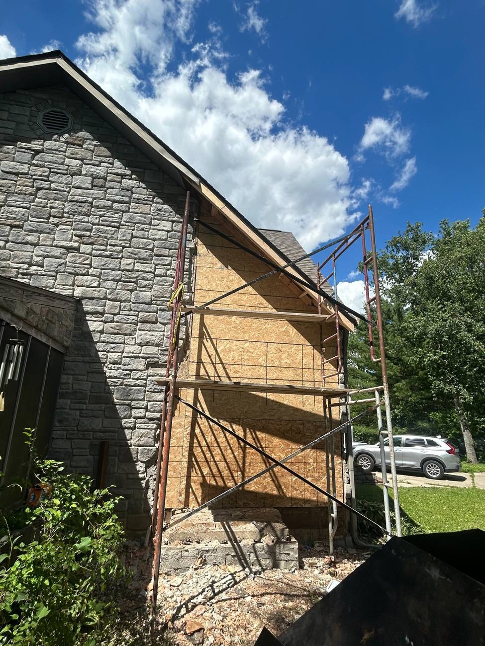 Gable wall sheathed and ready for stone veneer